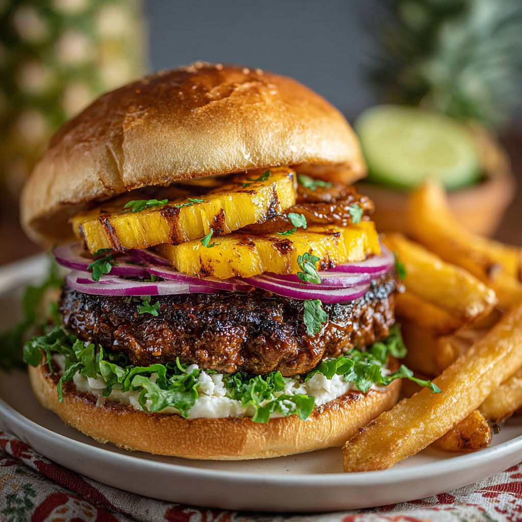 A Jamaican pineapple burger with fries.