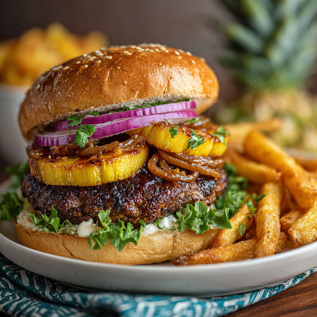 A Jamaican pineapple burger with fries.