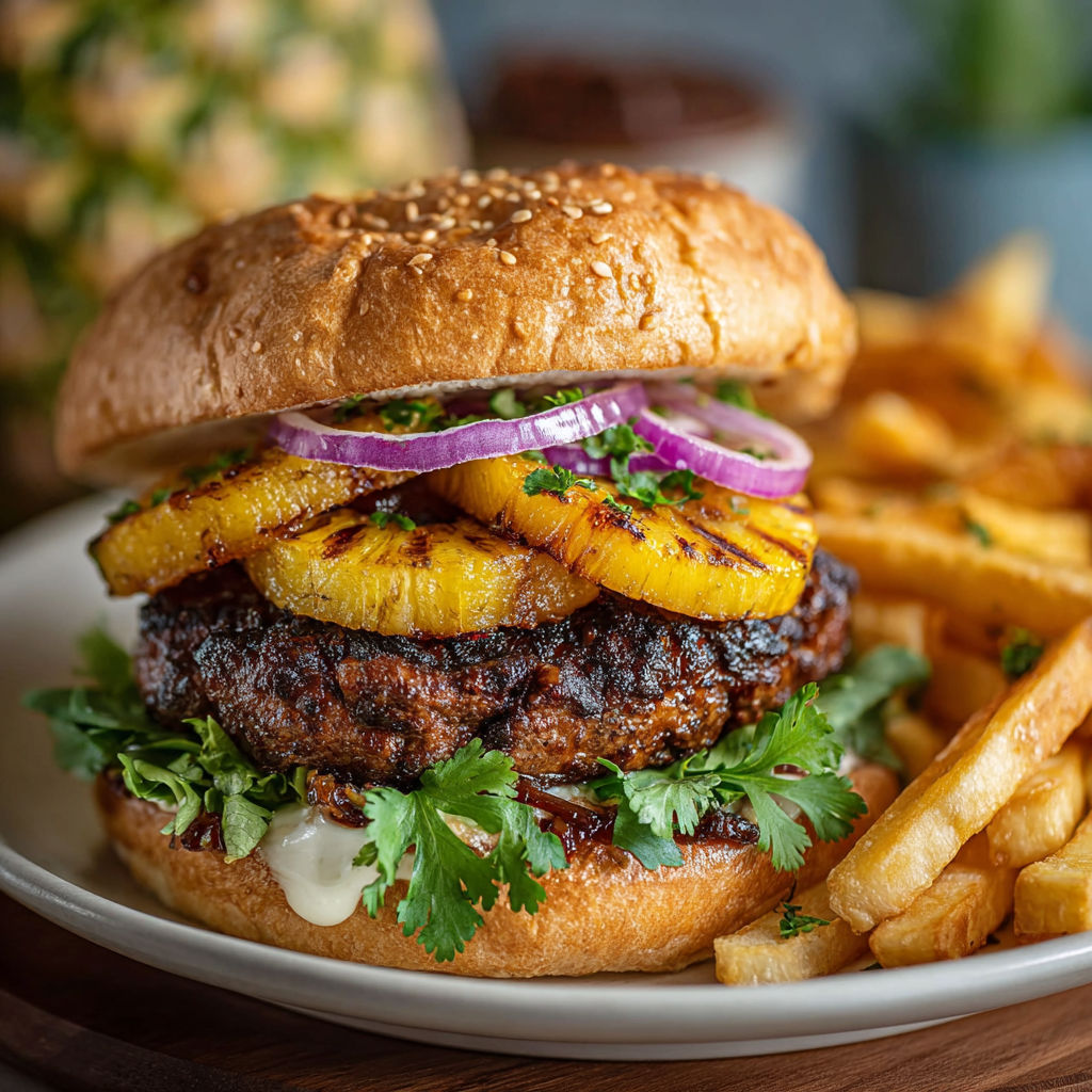 A Jamaican hamburger with pineapple and onions.