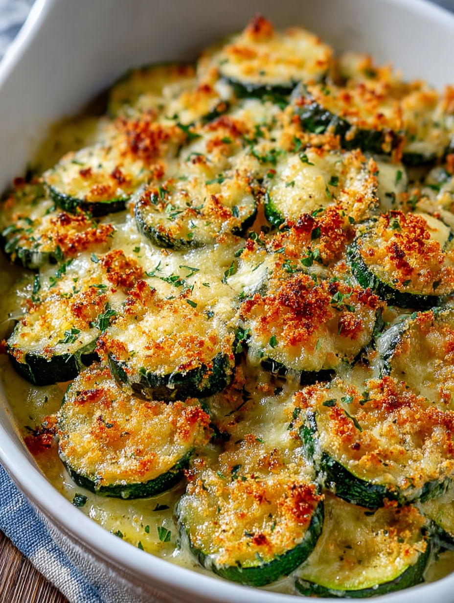 A dish of baked zucchini and cheese.