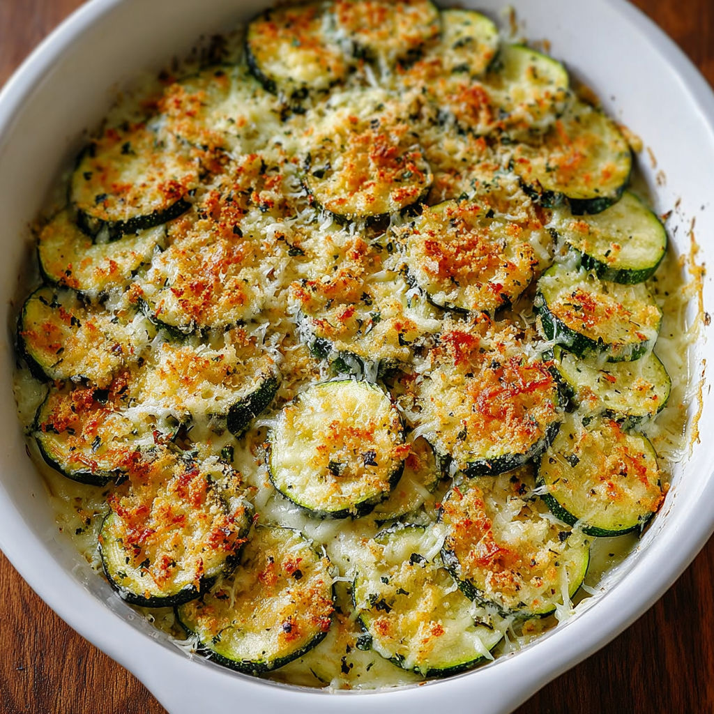 A dish of baked zucchini and cheese.