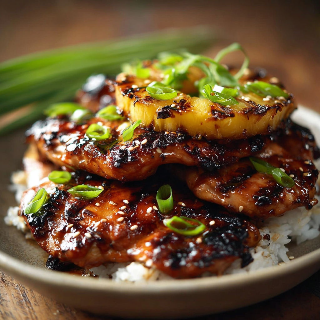 A stack of grilled chicken with pineapple and green onions.