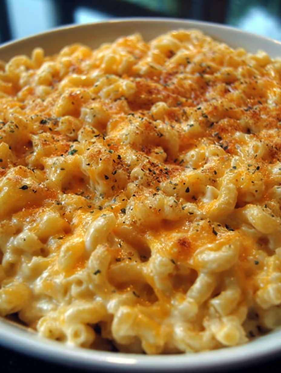 A plate of macaroni and cheese.