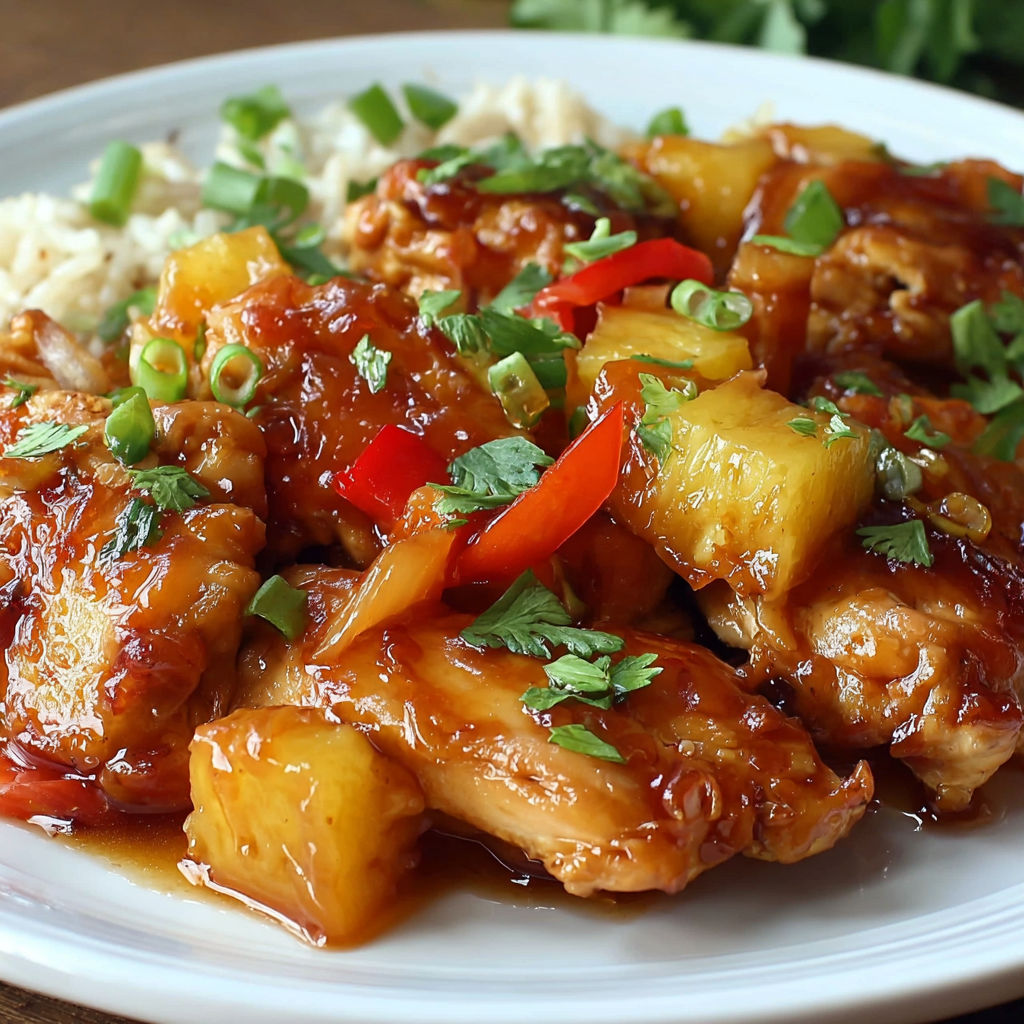 A plate of chicken with pineapple and peppers.