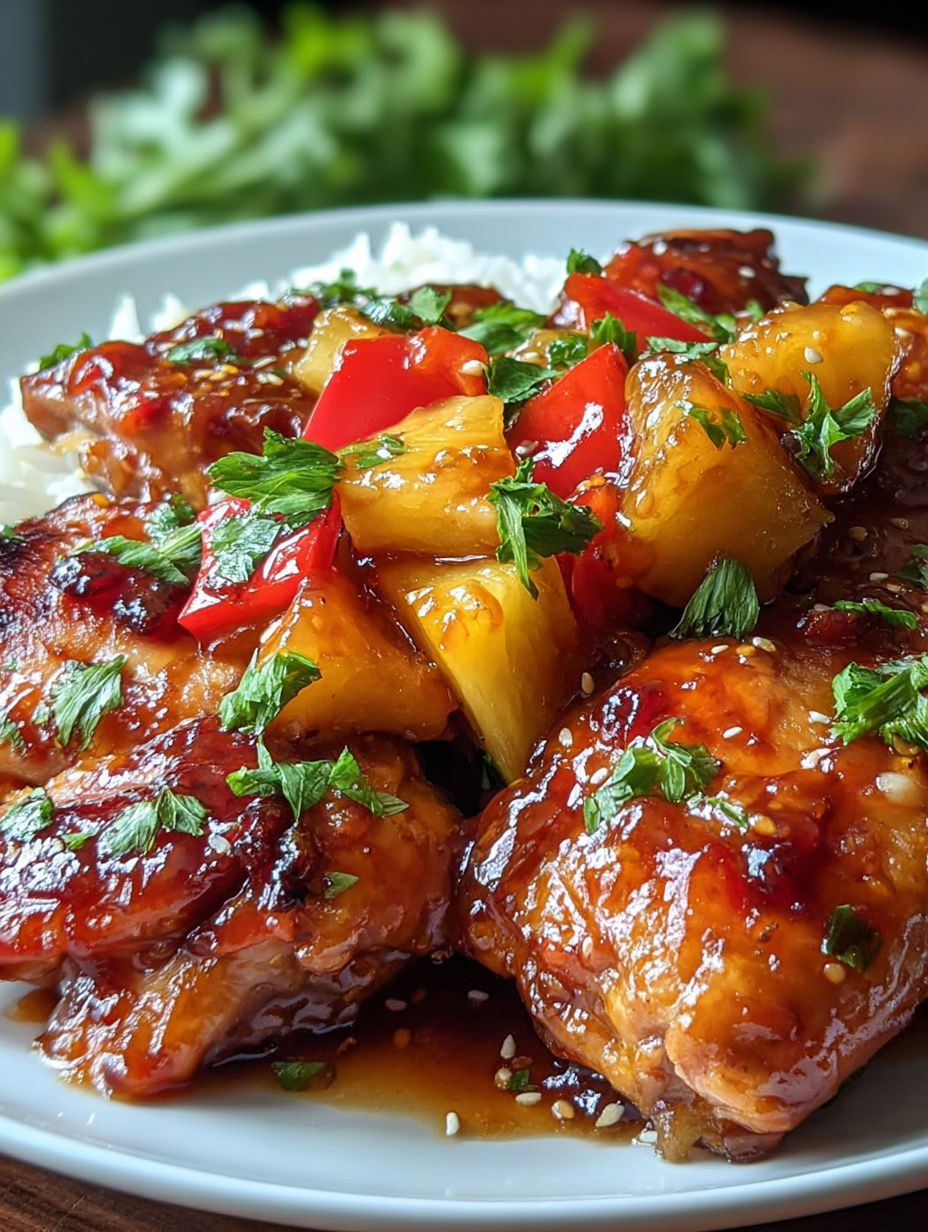 A plate of chicken with pineapple and peppers.