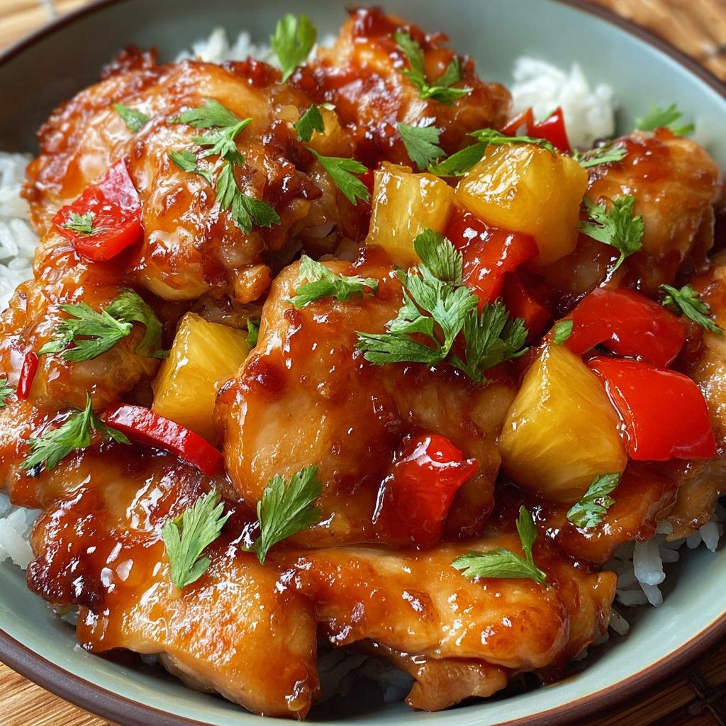 A plate of chicken with rice and pineapple.