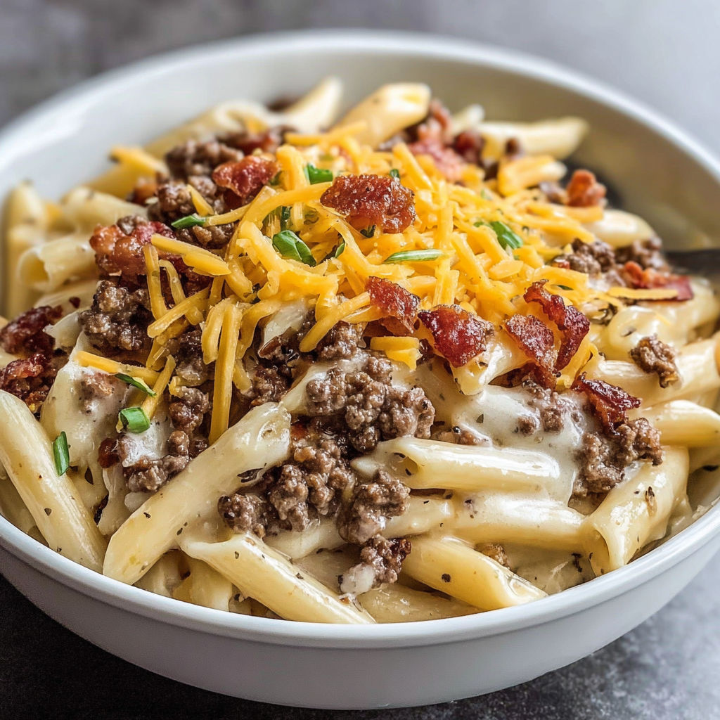 A bowl of pasta with cheese and bacon.