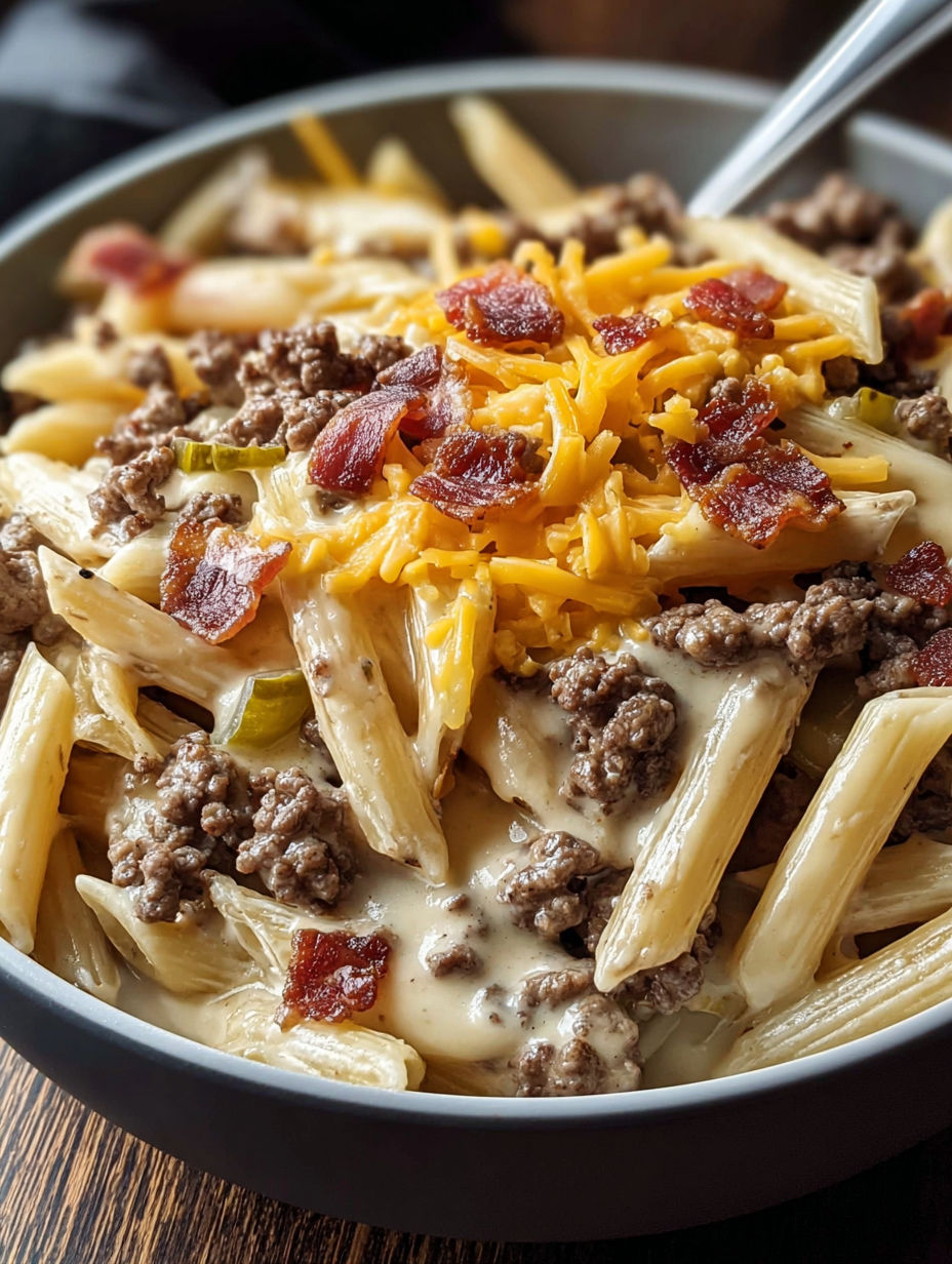 A bowl of pasta with bacon and cheese.