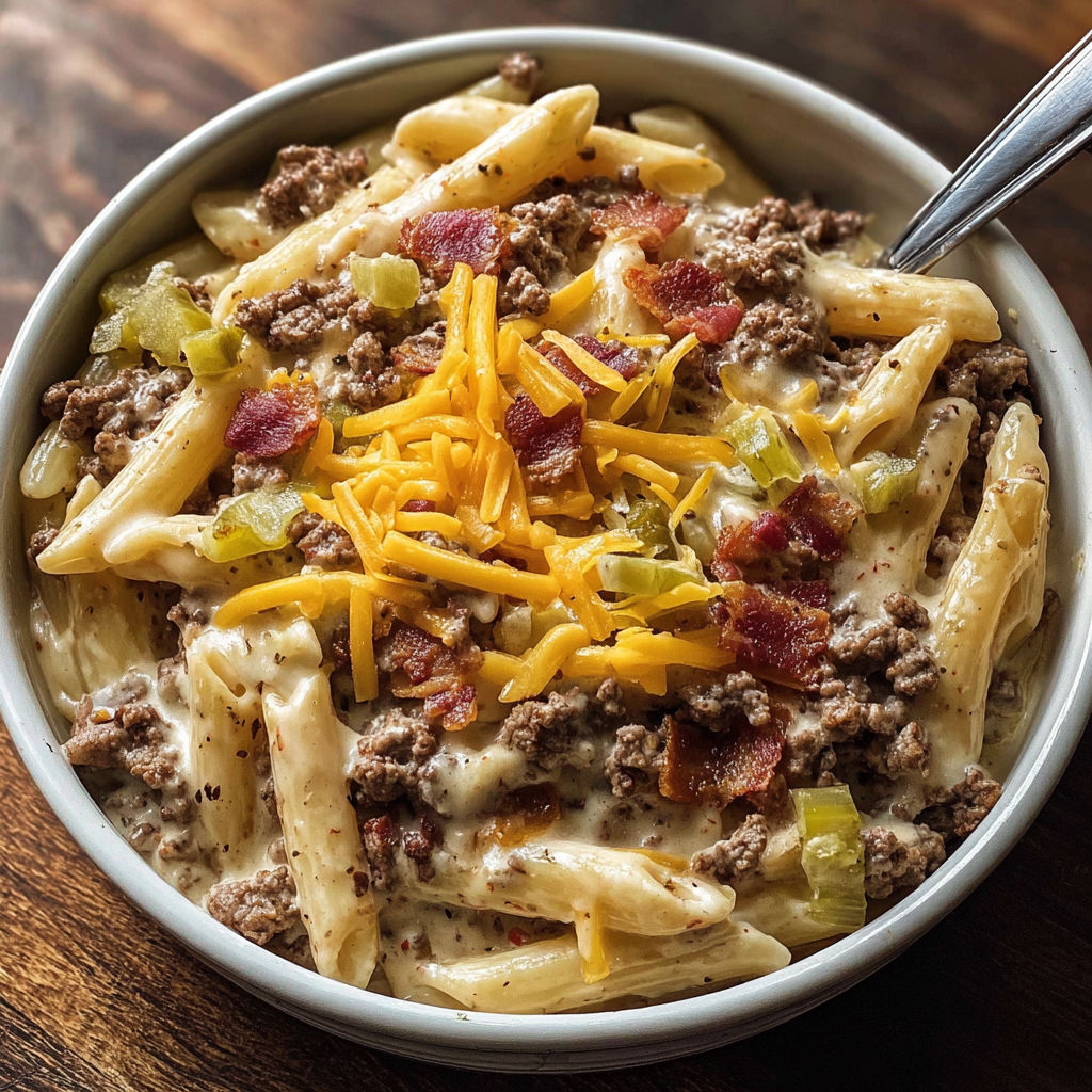A bowl of pasta with cheese and bacon.