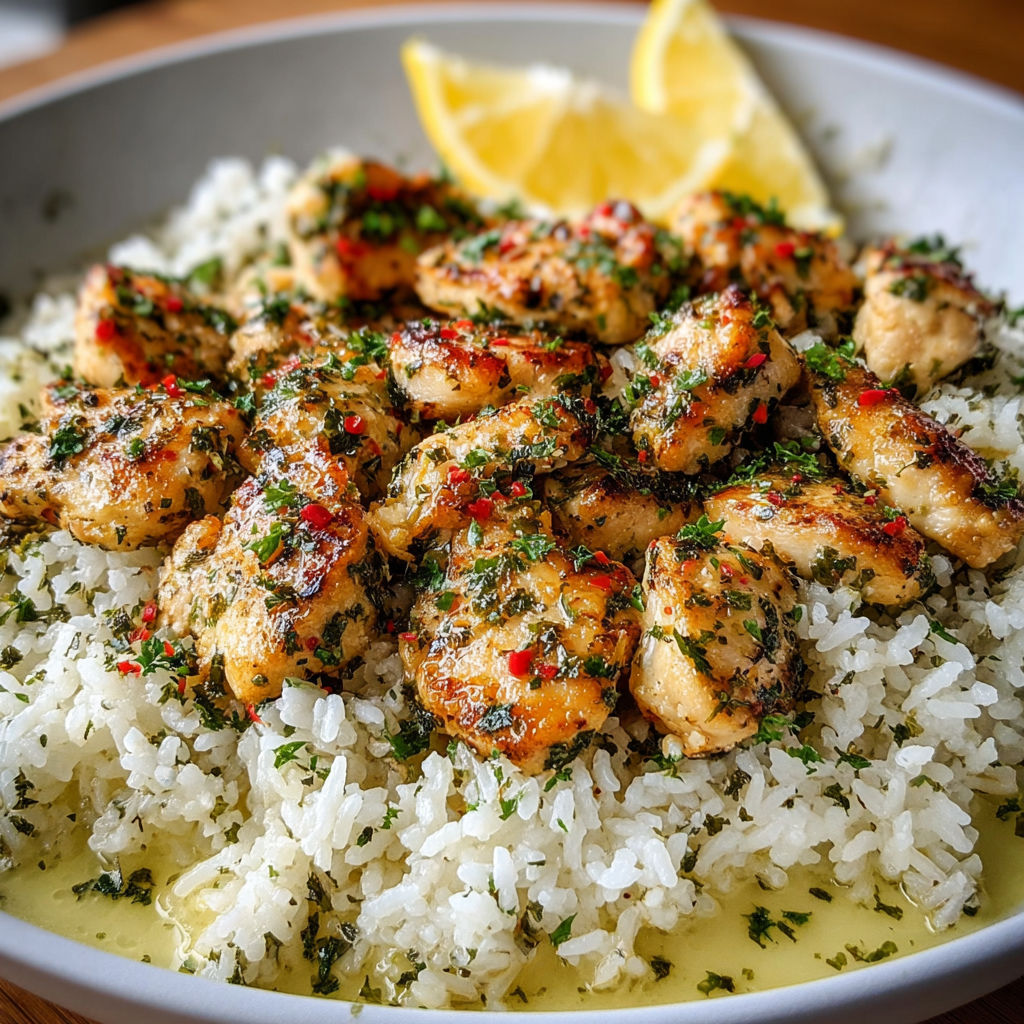 A bowl of chicken scampi with creamy garlic parmesan rice.