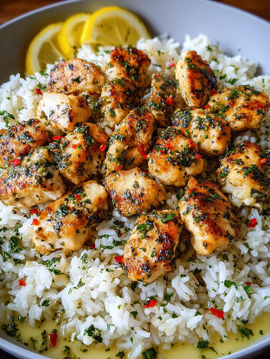 Chicken scampi with creamy garlic Parmesan rice.