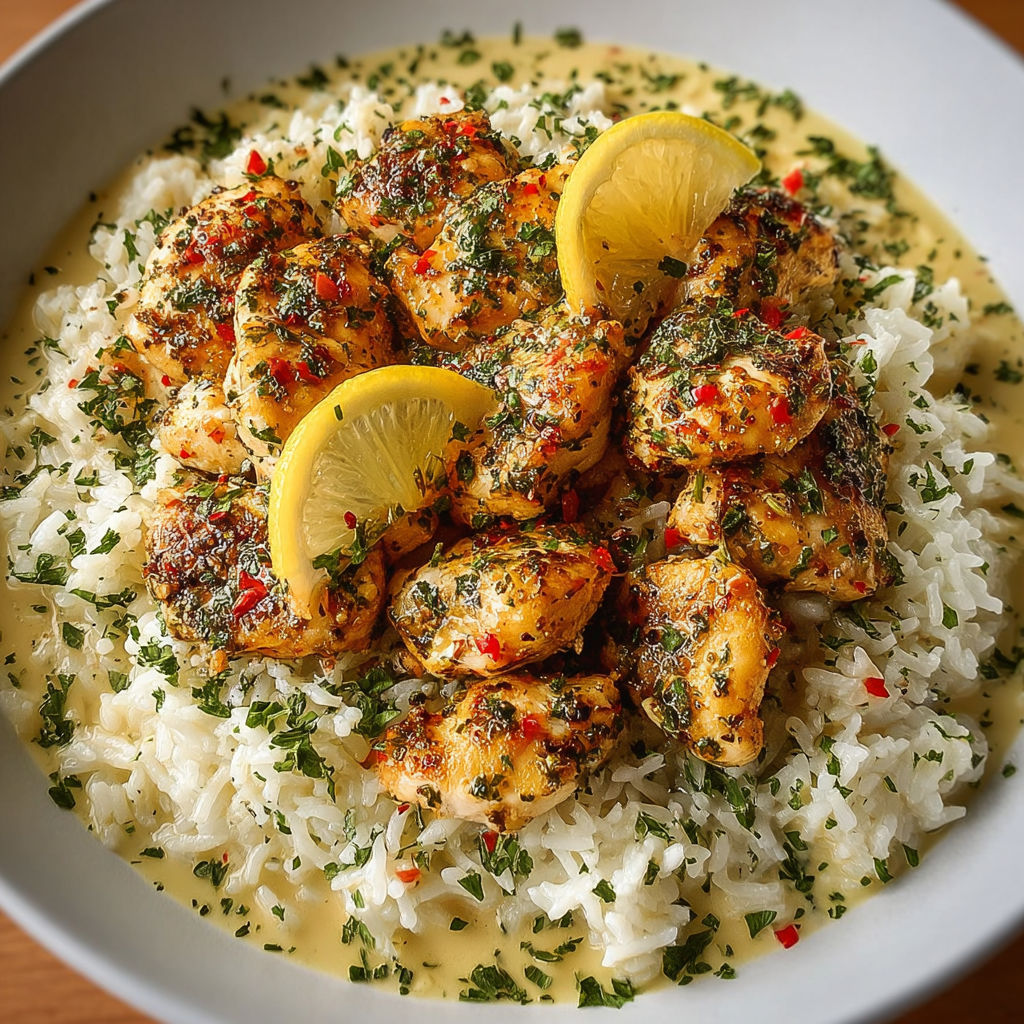 A bowl of chicken scampi with creamy garlic parmesan rice.