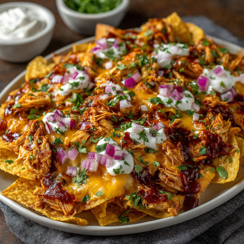 A plate of BBQ chicken nachos.