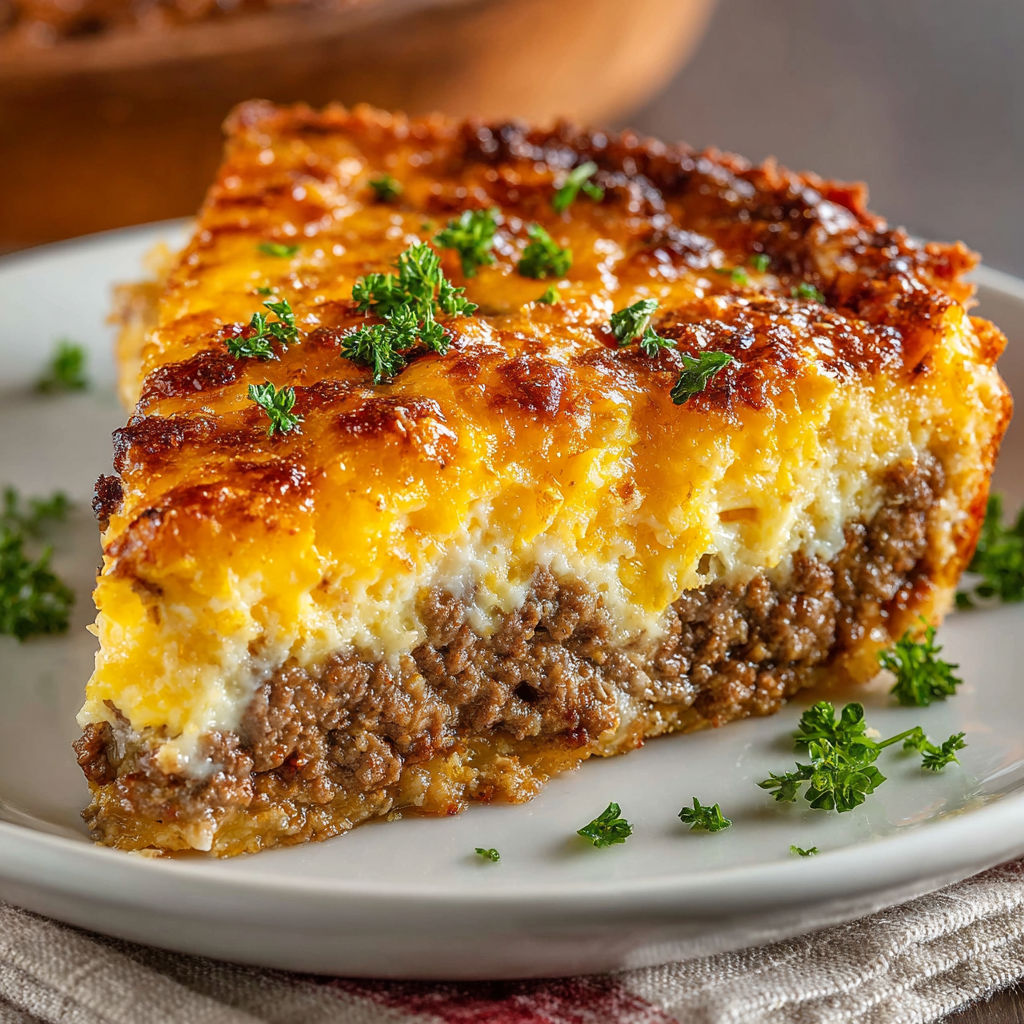 A slice of cheesy meat pie.