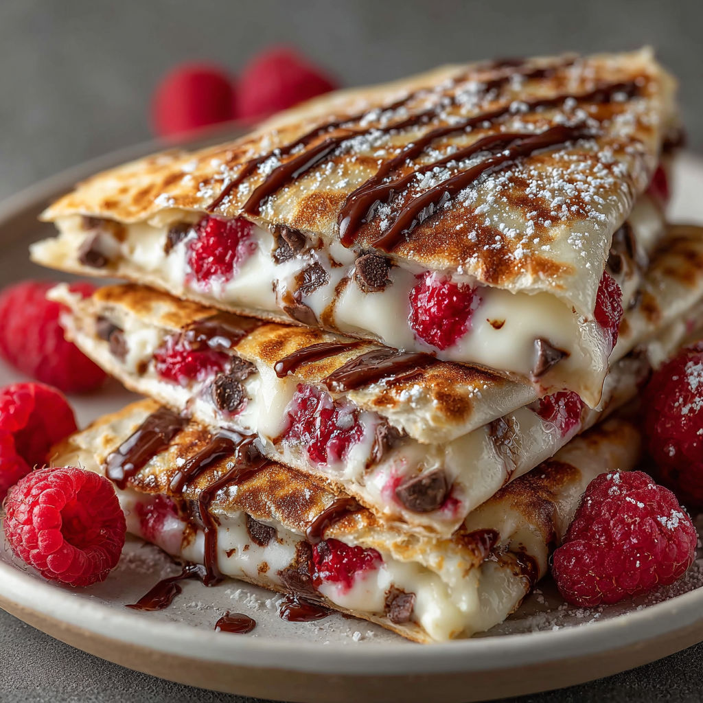 A stack of sweet crepes with chocolate and raspberries.