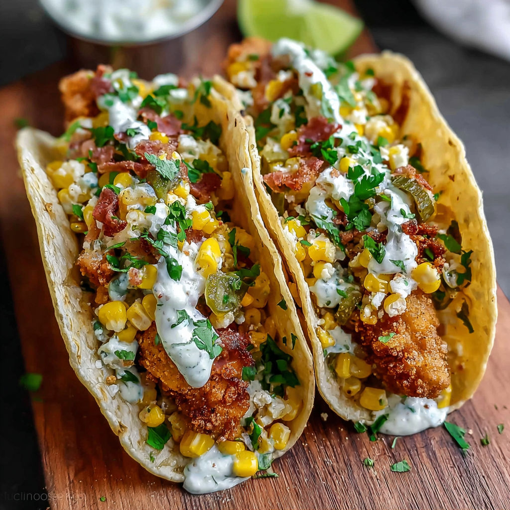 Two fried chicken street corn tacos with white sauce.