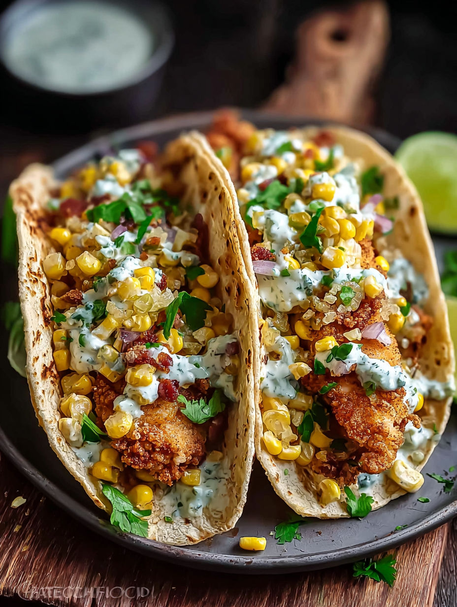 Two tacos filled with fried chicken and corn.
