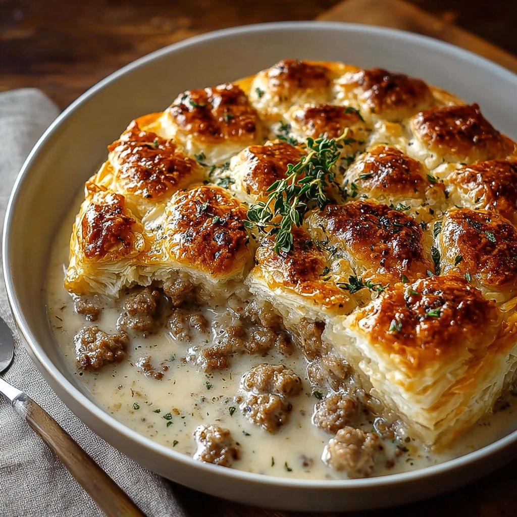 A plate of food with sausage, rich gravy, and biscuit pie.
