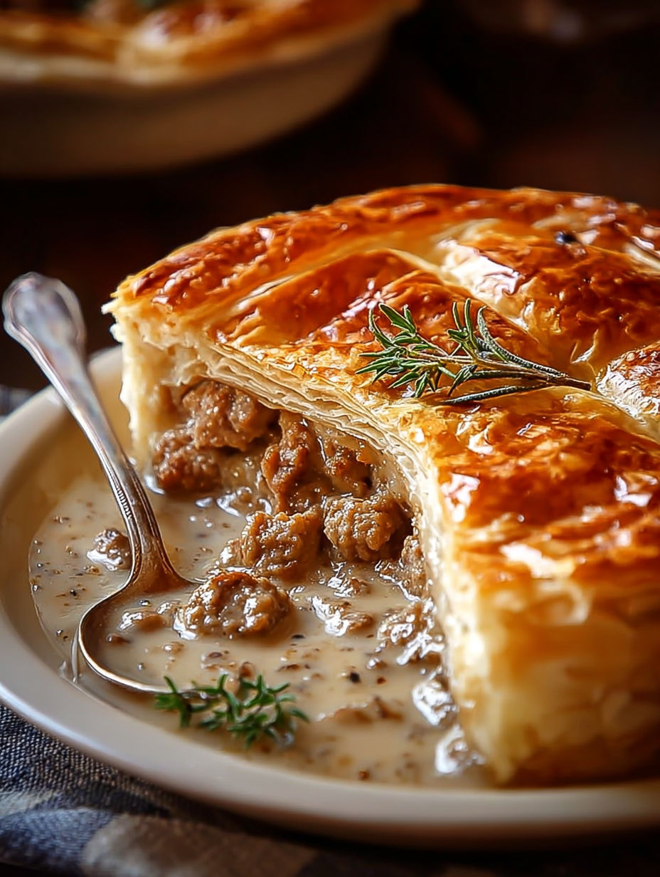 A piece of sausage pie with rich gravy.