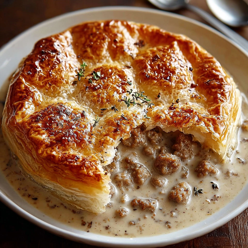 A plate of food with a biscuit pie and sausage in a rich gravy.