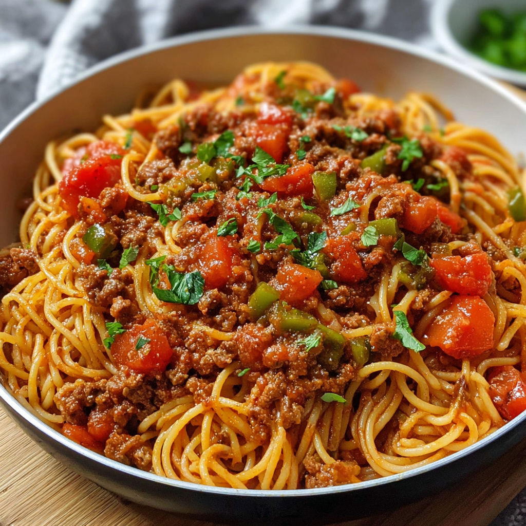A bowl of spaghetti with meat sauce and vegetables.