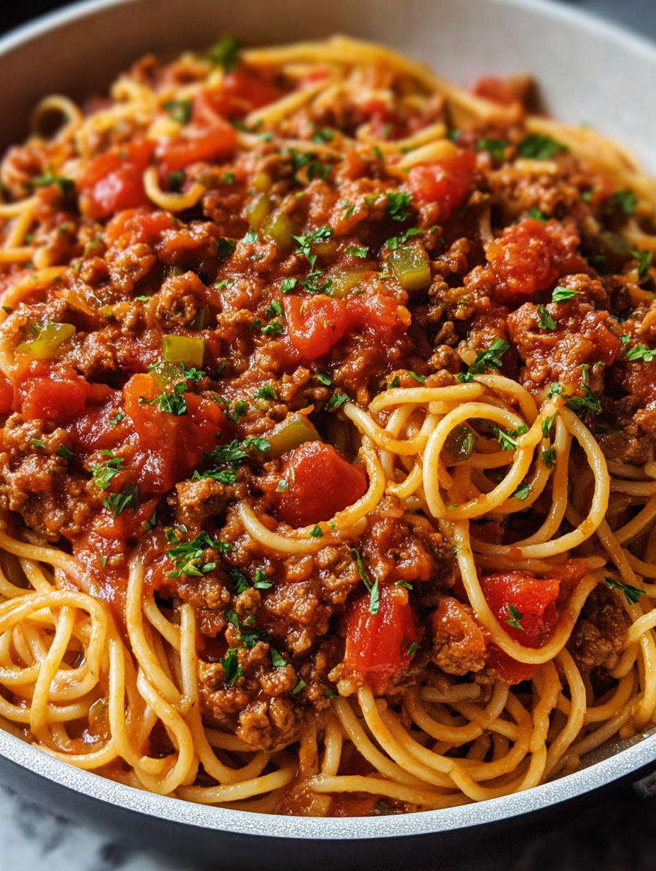 A bowl of spaghetti with meat sauce.