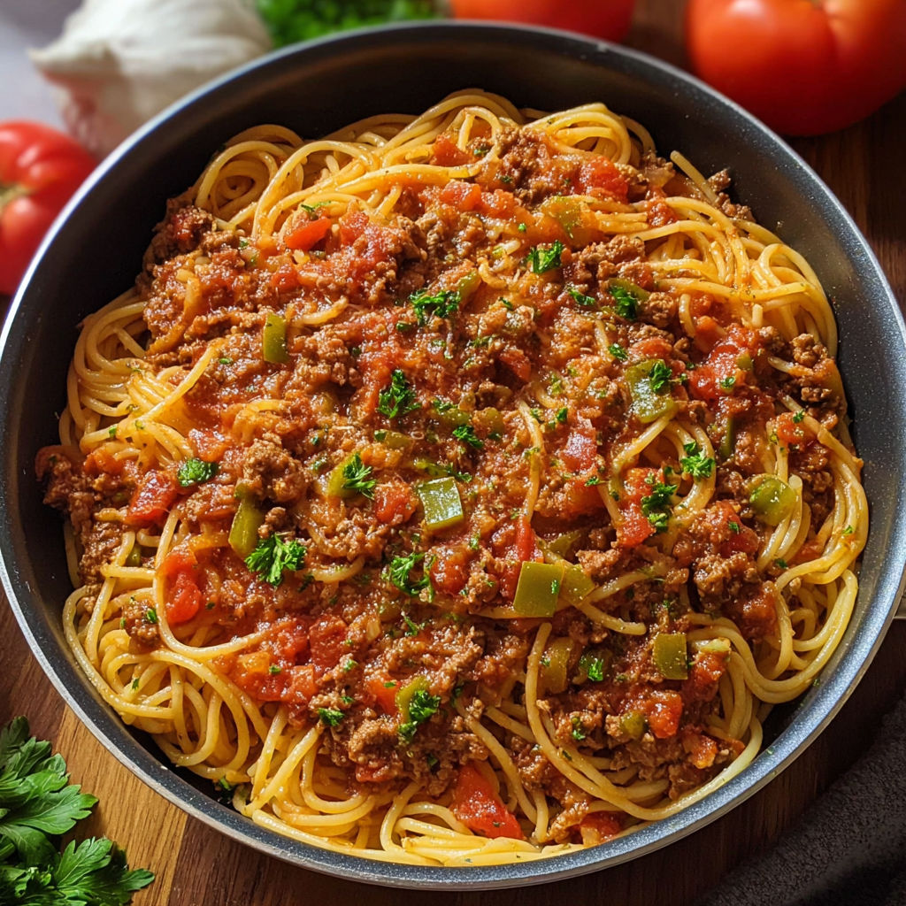 A plate of spaghetti with meat sauce.