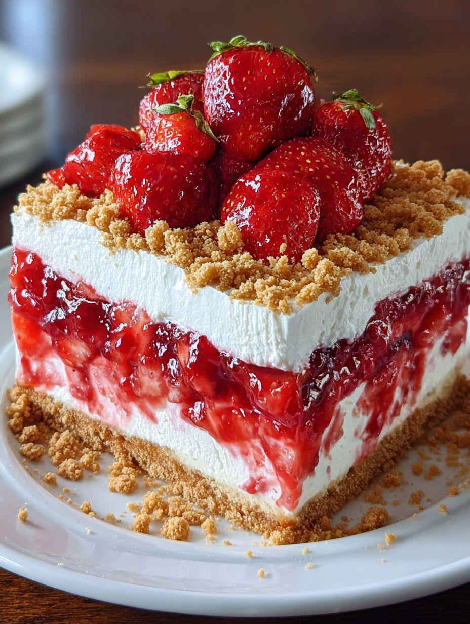A slice of strawberry cheesecake with crumbs on top.