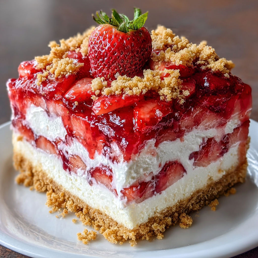 A slice of berrylicious strawberry crunch cheesecake.