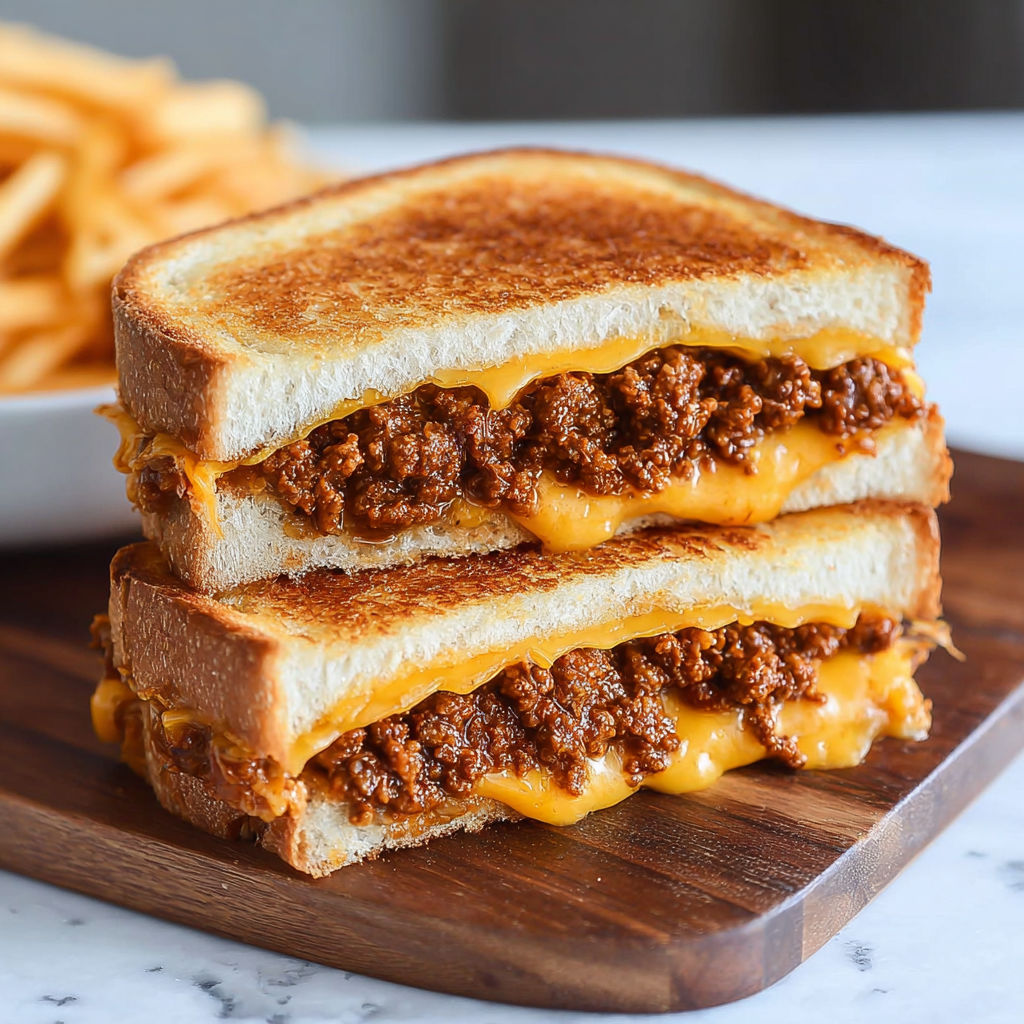 A grilled cheese sandwich with sloppy joe filling.