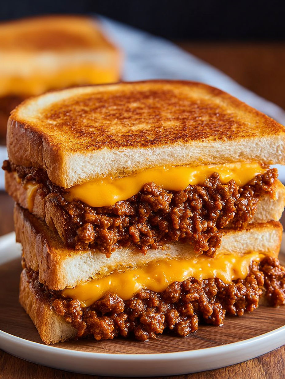 A sandwich with cheese and sloppy joe.
