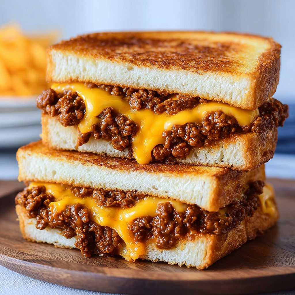 A sandwich with cheese and sloppy joe.