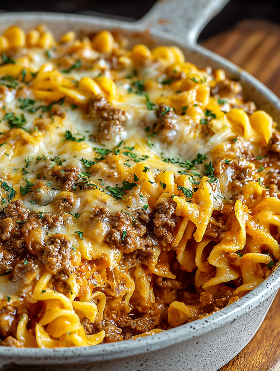 A casserole dish filled with pasta and meat.