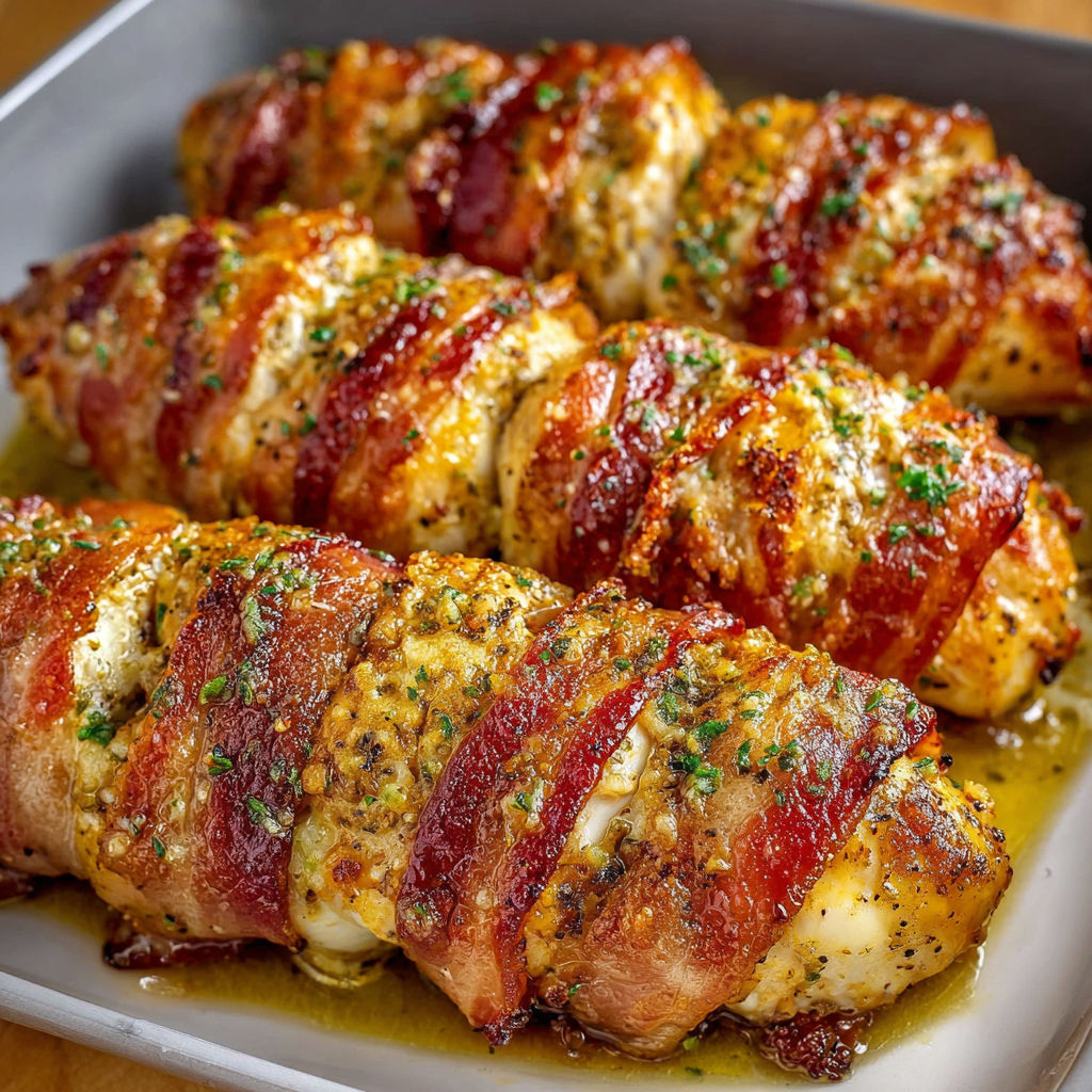 Bacon wrapped chicken on a plate.