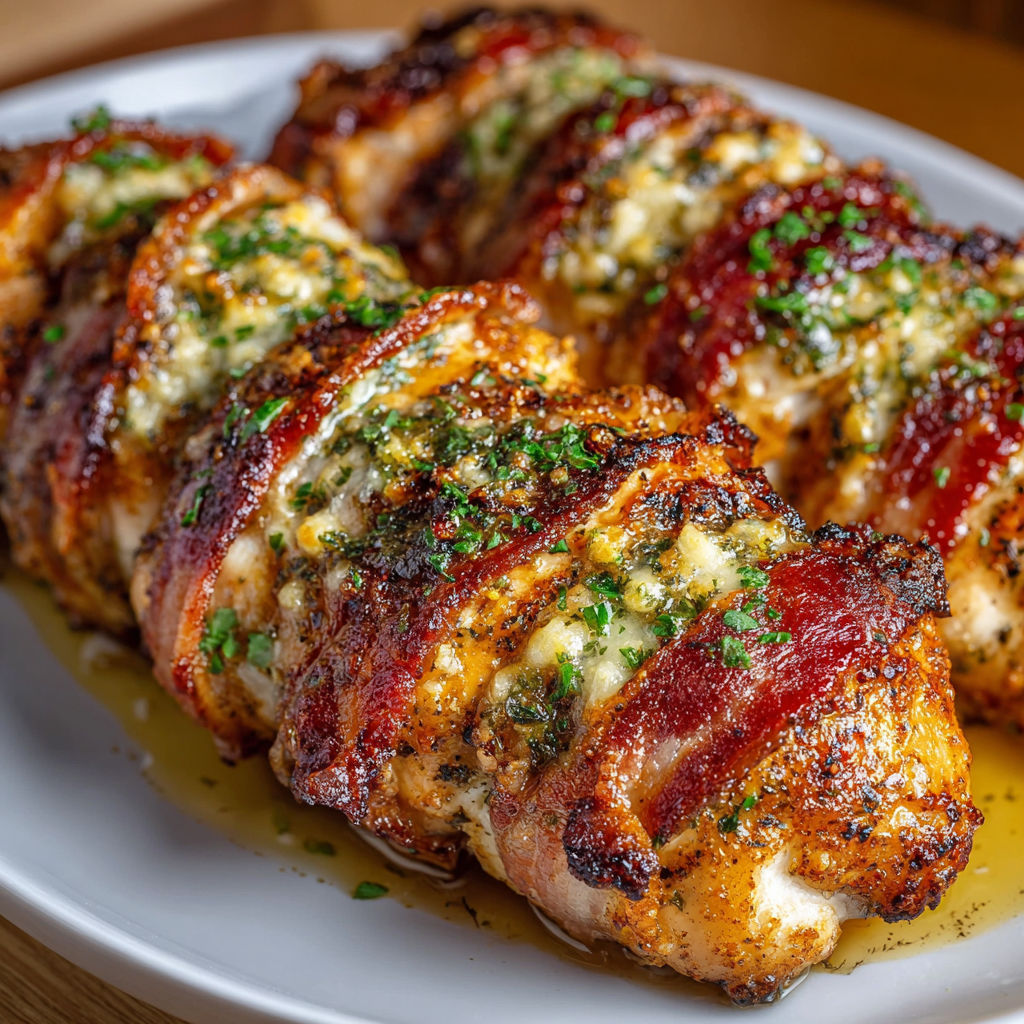 Bacon wrapped chicken on a plate.