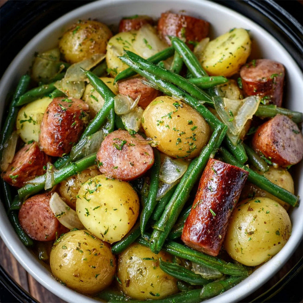 A bowl of food with sausage, potatoes, green beans and onions.