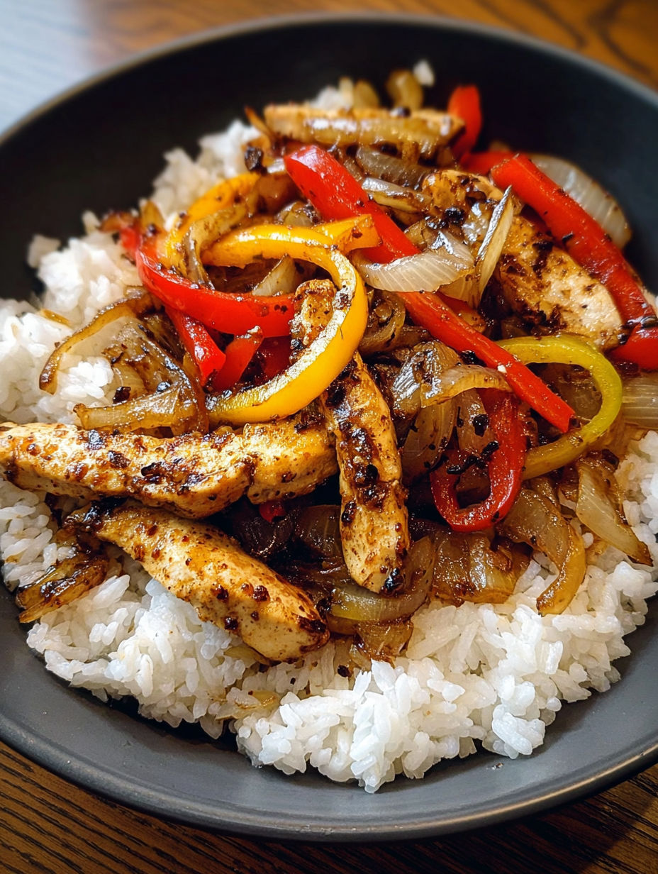 A bowl of rice with chicken and peppers.