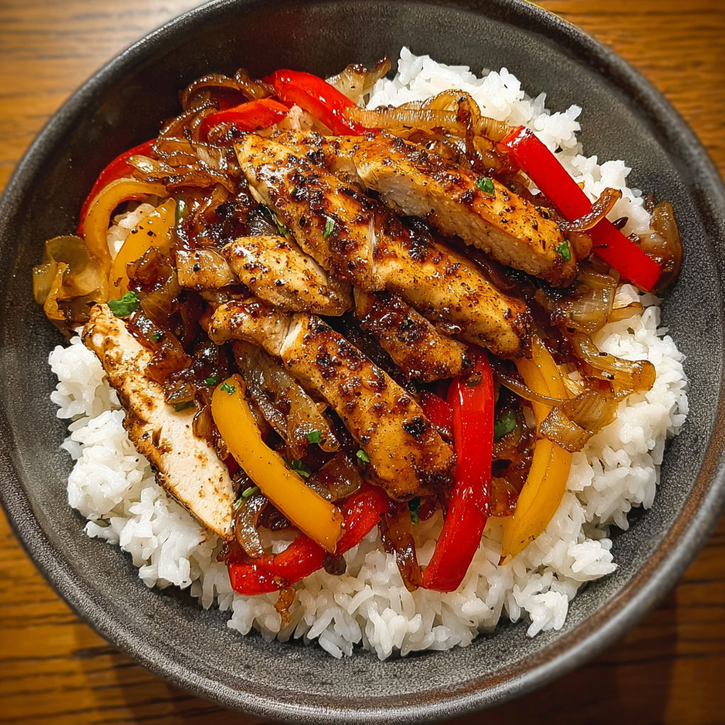 A bowl of rice with chicken and peppers.