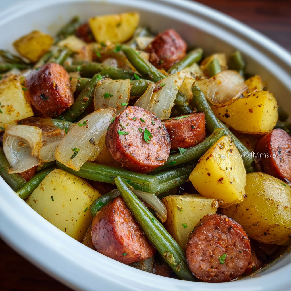 A bowl of food with sausage, potatoes, and green beans.