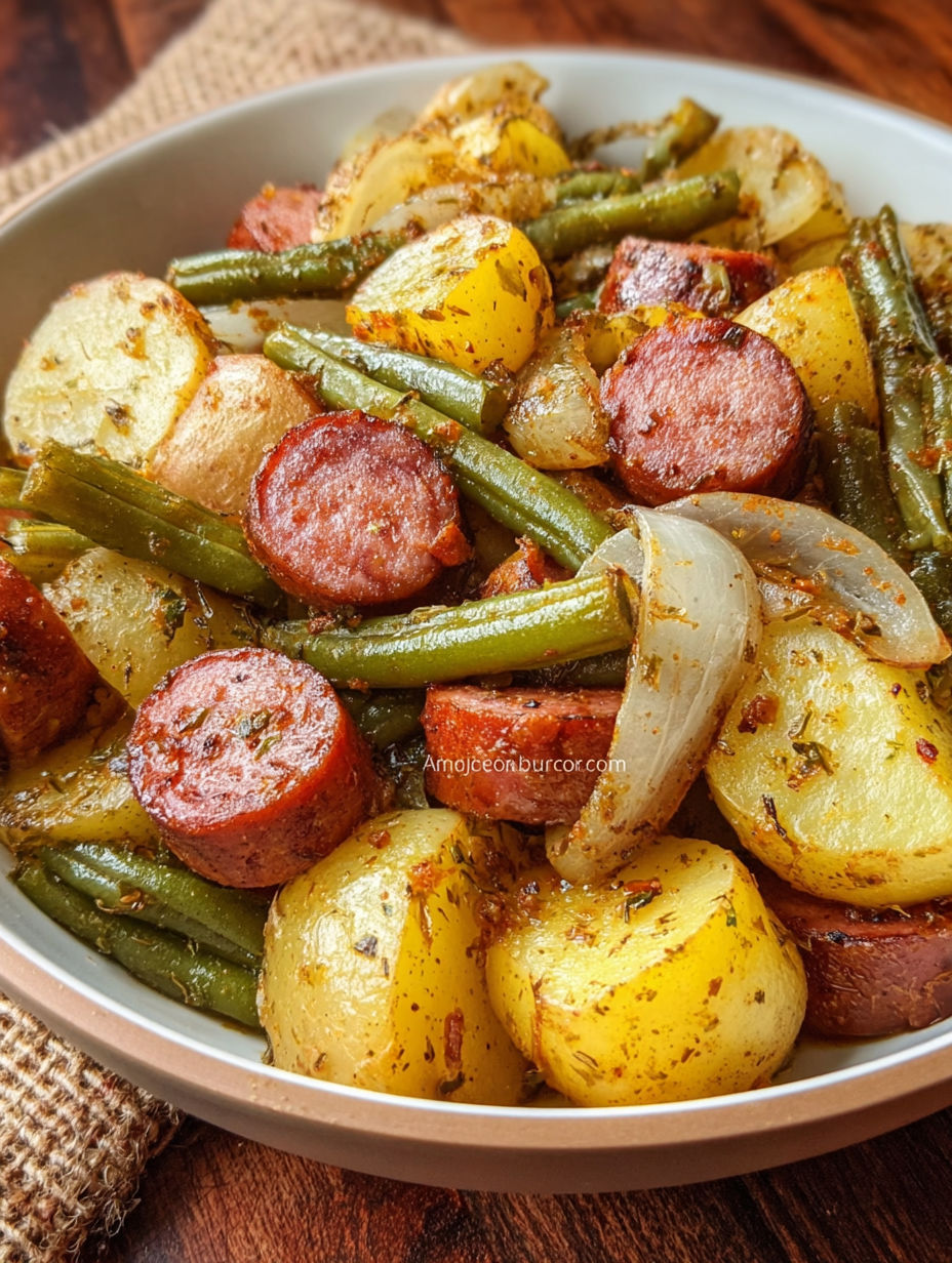 A bowl of food with potatoes, green beans, and sausage.