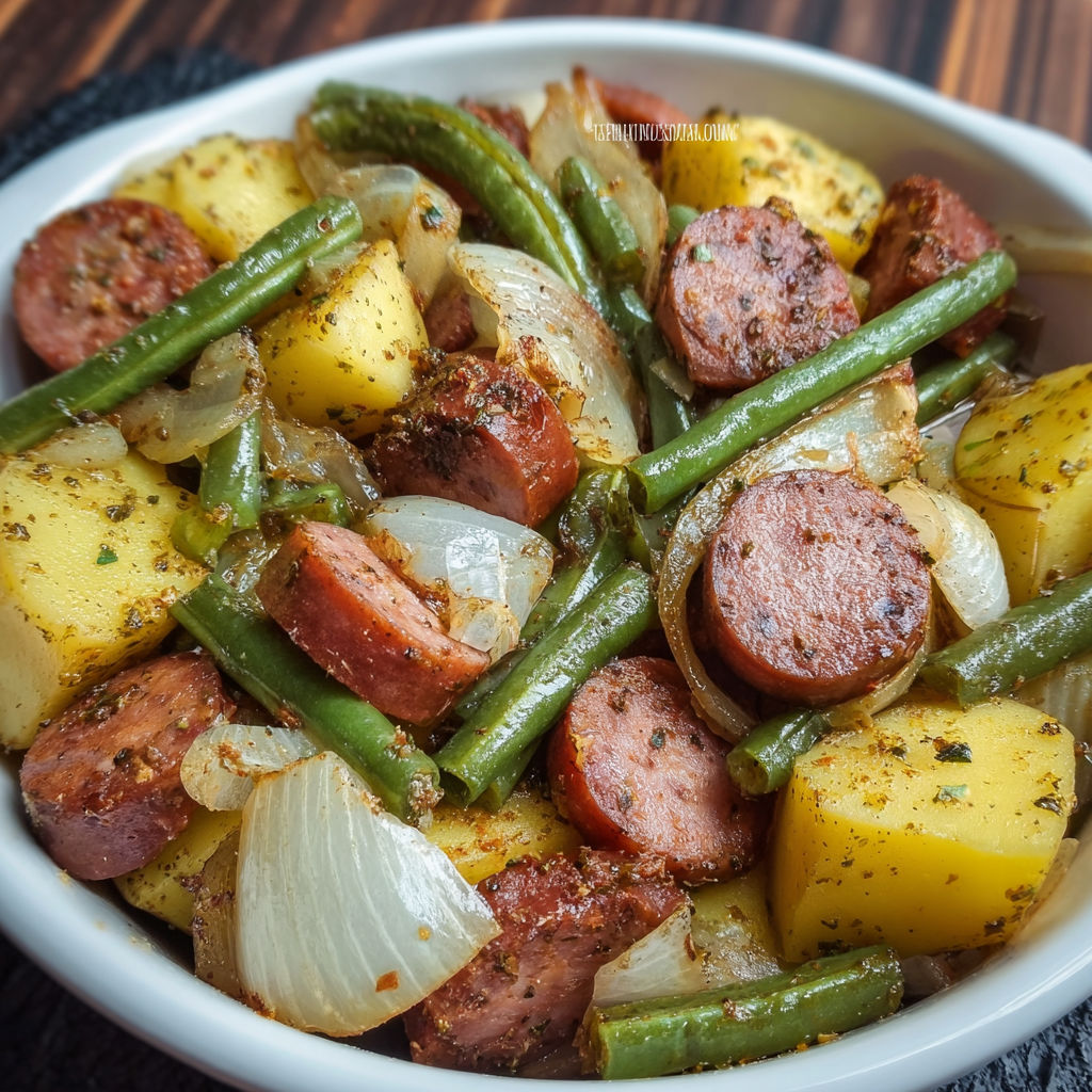 A bowl of food with sausage, potatoes, and green beans.