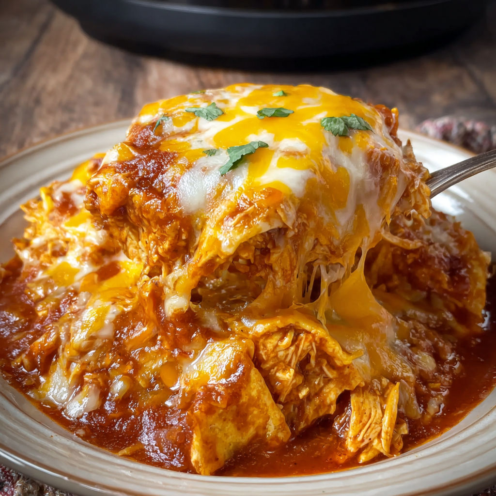 A delicious crockpot chicken enchilada casserole.