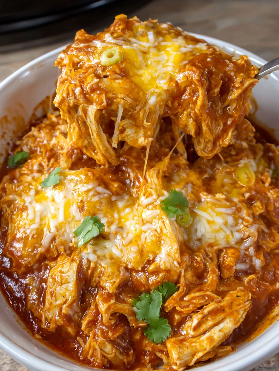 A bowl of chicken enchilada casserole.