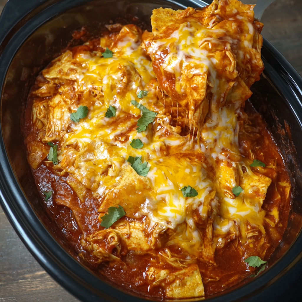 A crockpot chicken enchilada casserole.