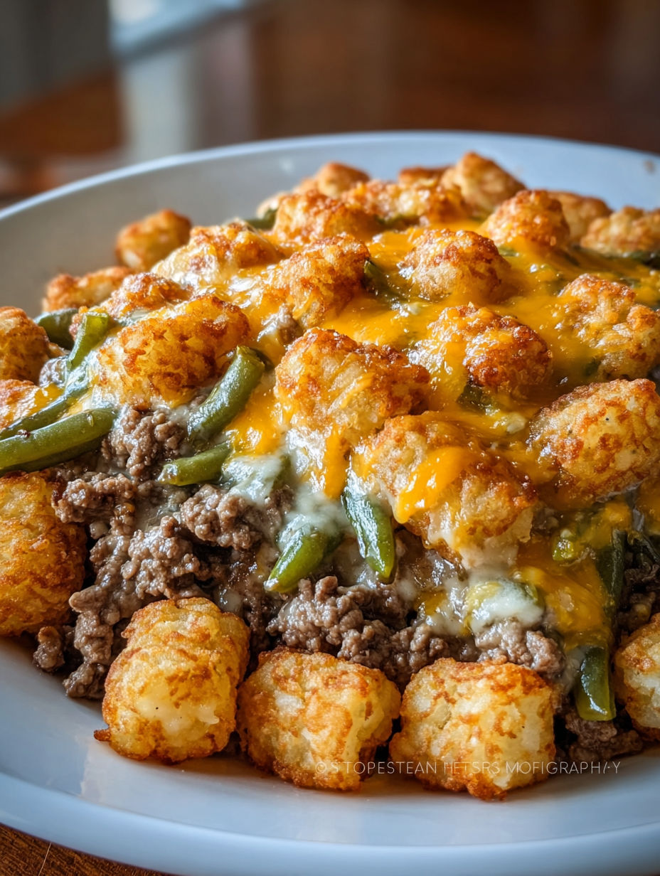 A plate of food with a tater tot hamburger and green bean casserole.