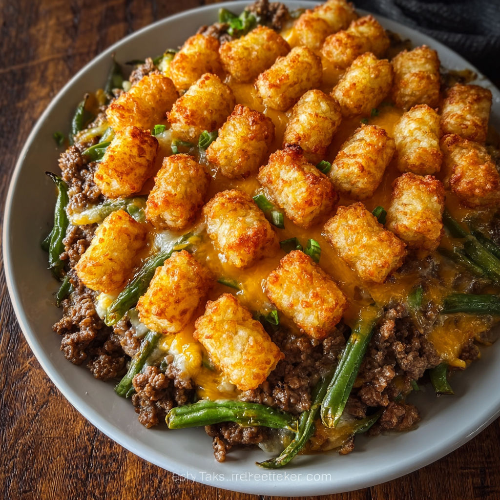 A plate of food with a tater tot hamburger and green bean casserole.