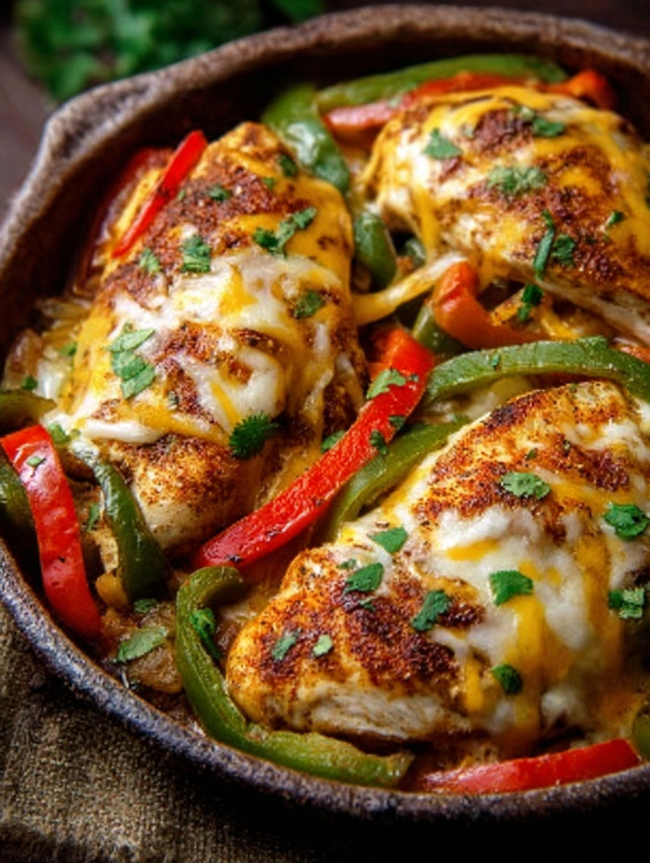 A bowl of Mexican food with chicken and peppers.