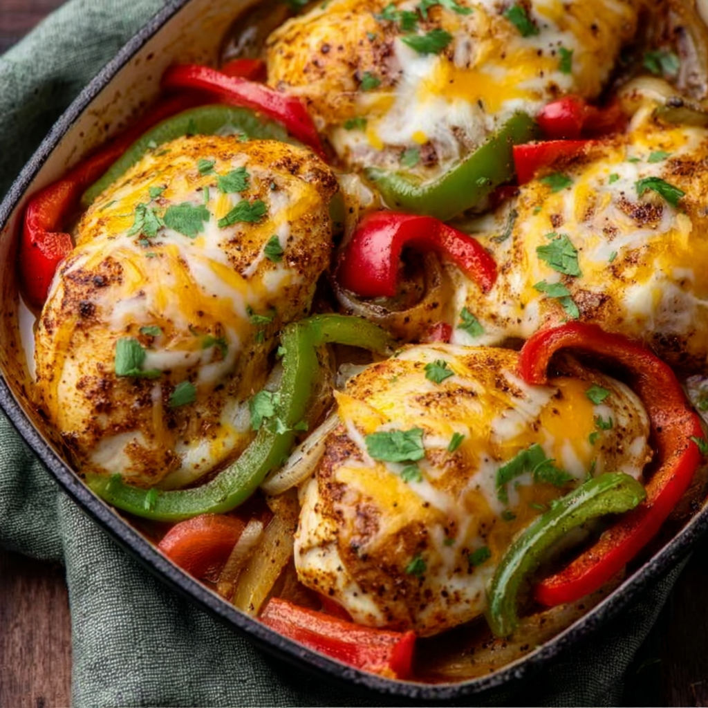 A dish of Mexican food with chicken, peppers, and cheese.