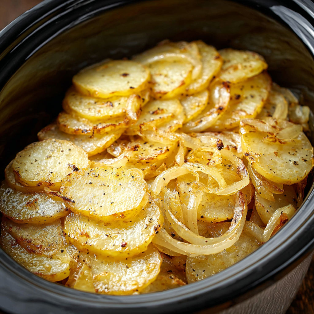 A potato and onion bake in a slow cooker.