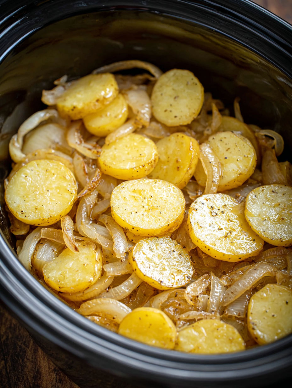 A potato and onion bake in a slow cooker.